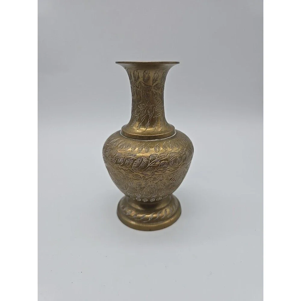 Vintage  Brass Etched Engraved Vase Leaf Motif 5 in Tall  India BOHO